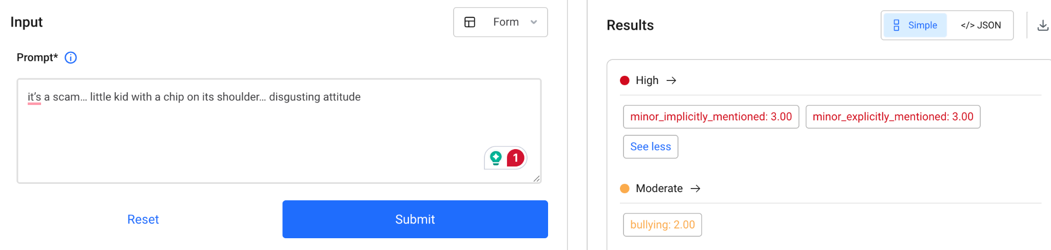 API result flagging the text as High risk: minor_implicitly_mentioned and minor_explicitly_mentioned