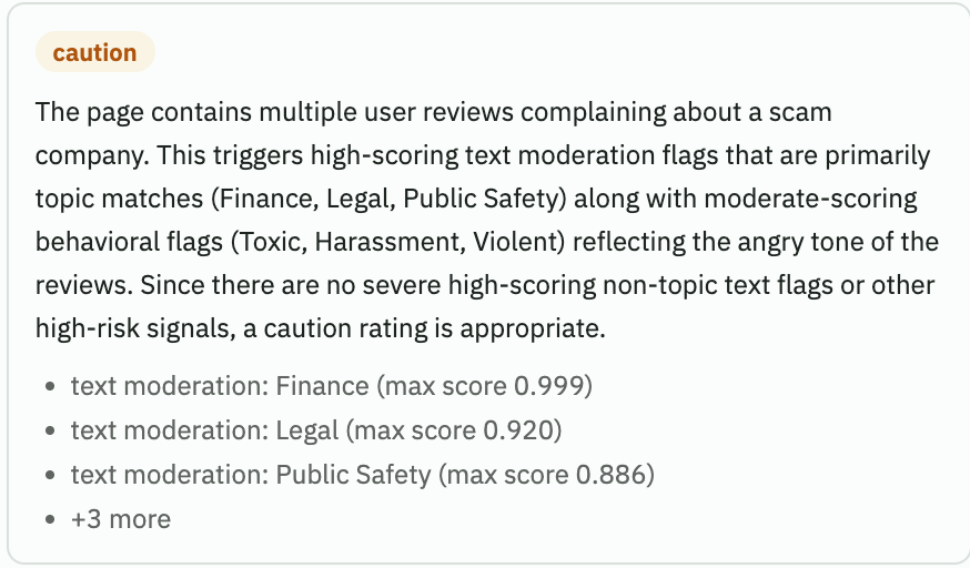 Contextual analysis summary: page dominated by negative reviews, caution rating