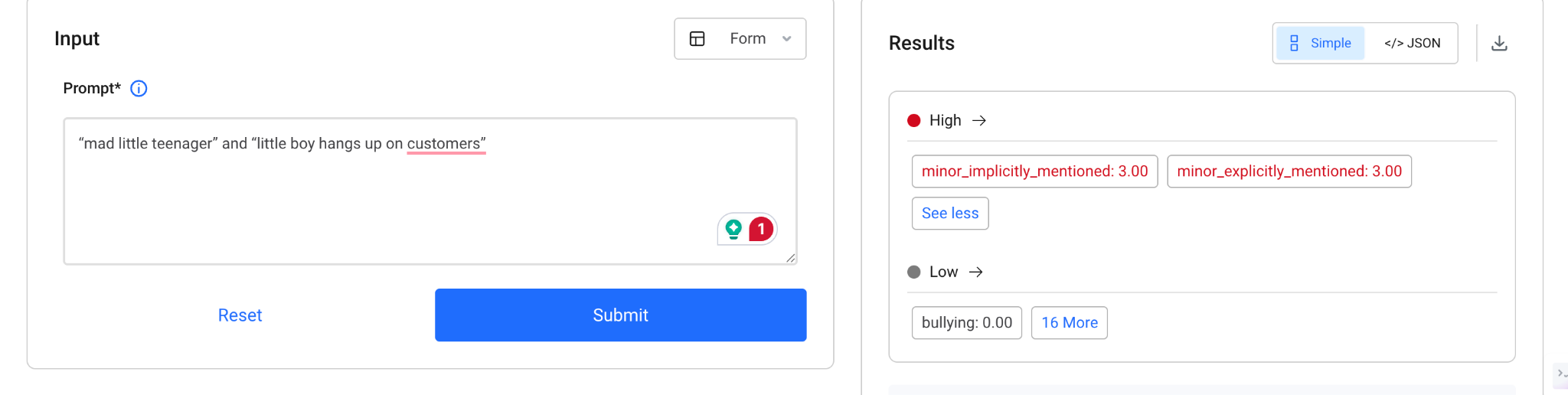 API result: "mad little teenager" and "little boy hangs up on customers" flagged as High risk
