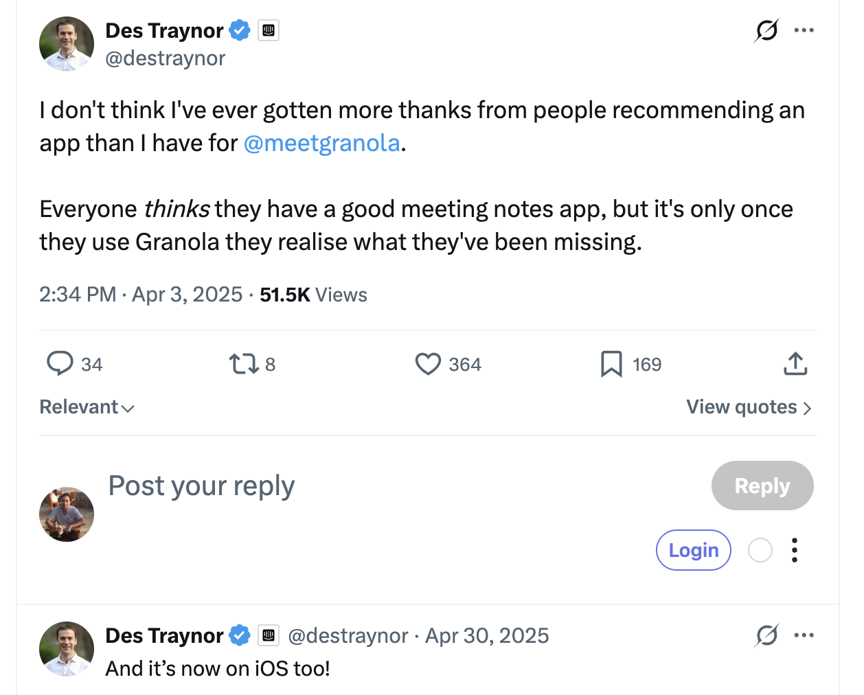Des Traynor tweets: "I don't think I've ever gotten more thanks from people recommending an app than I have for @meetgranola"
