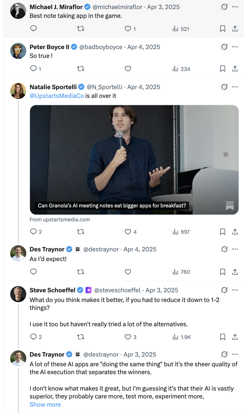 Reply thread: cascade of endorsements from founders and investors