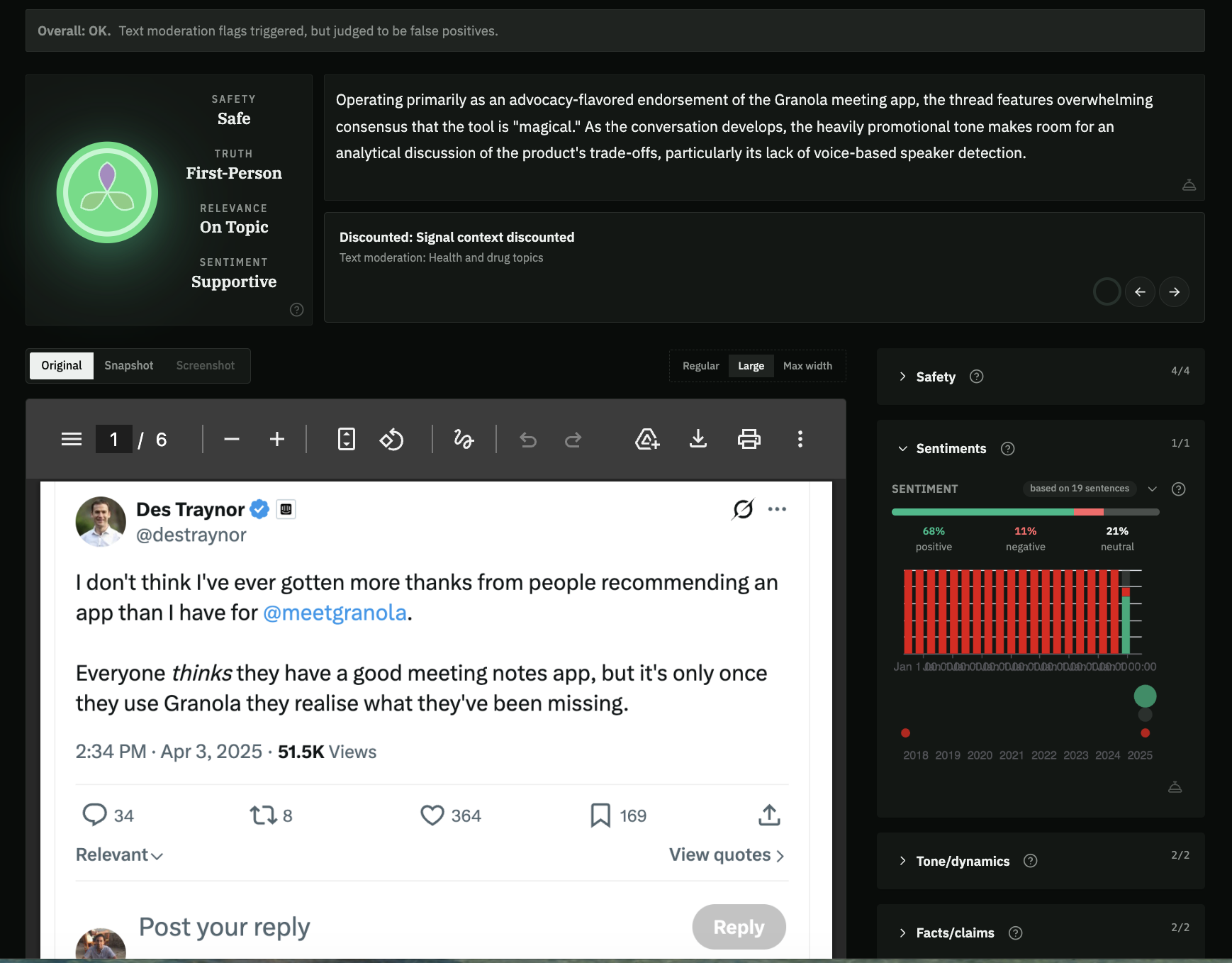 Vibecheck: Overall OK -- text moderation flags triggered but judged to be false positives. Safety: Safe. Truth: First-Person. Sentiment: Supportive. 68% positive.