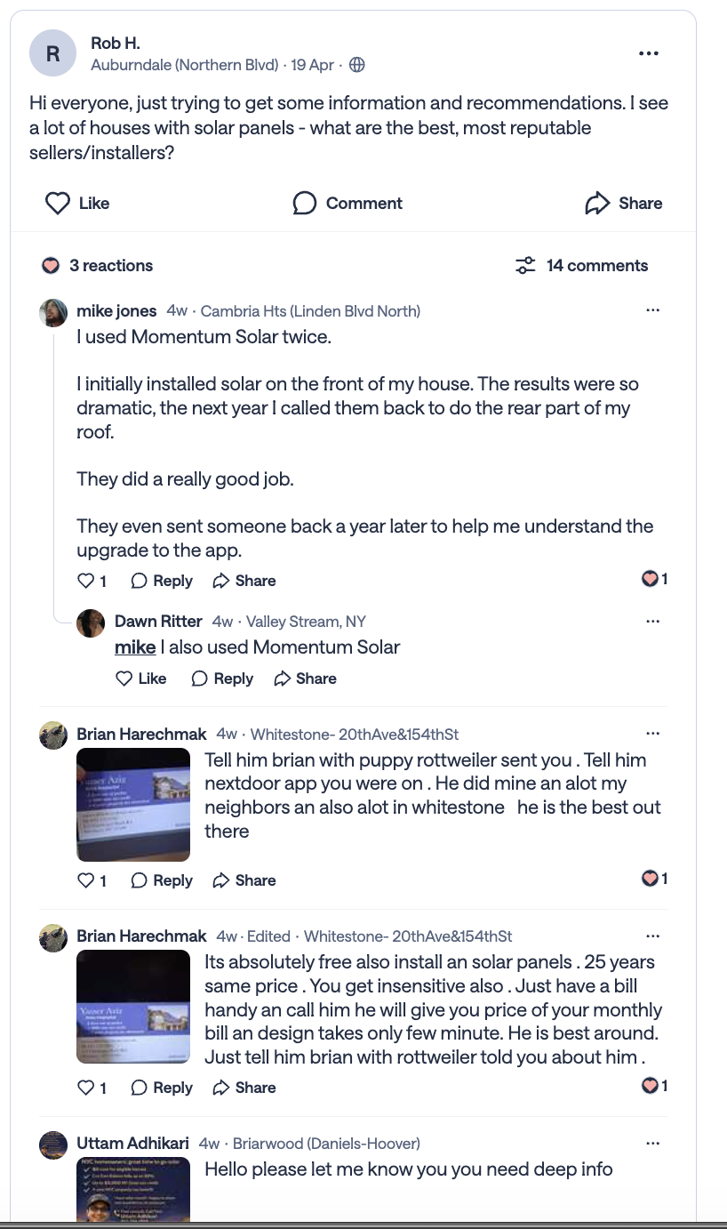Nextdoor thread: Rob H. asks about solar panel recommendations. Neighbors respond with personal experiences.
