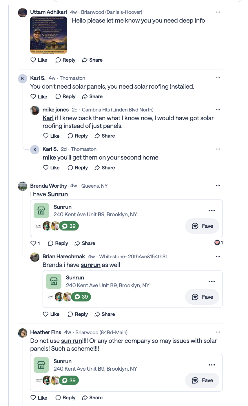 Thread continues: more referrals, a business card image, and debate over Sunrun.