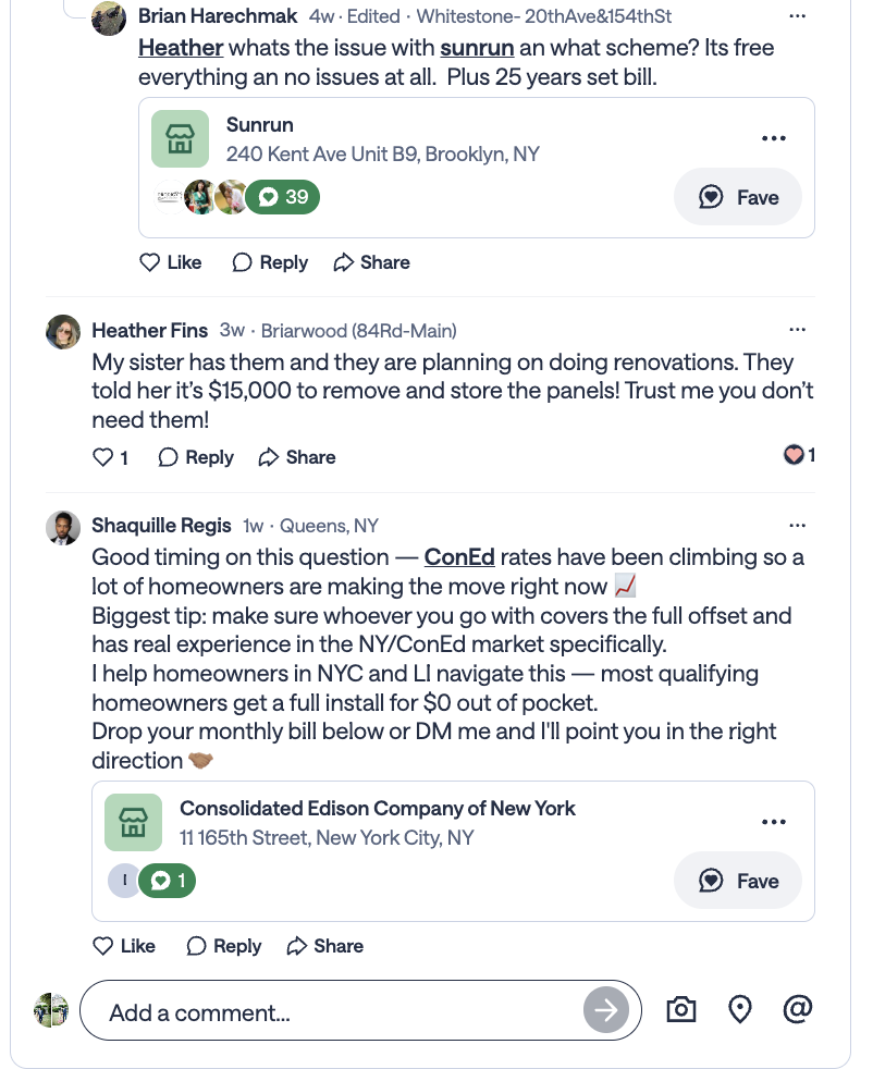 Thread concludes: Heather Fins warns about $15,000 removal costs; Shaquille Regis pitches ConEd expertise and offers to DM.